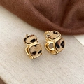 Macro view of 18K gold plated vintage leopard print rectangle earrings with velvet texture - Ear Clip - Gold - Coffee (18K Gold Plated)