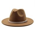 Classic brown wool fedora hat with wide brim and white leather band with gold buckle - Light Coffee