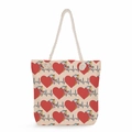 Nurse themed tote bag with heart and floral print featuring white cotton rope handles - Beige Red Heart Heartbeat Floral Style (ms4553)
