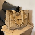 Large khaki corduroy tote bag with double pockets and dual shoulder straps for daily use - Khaki