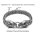 Close-up of stainless steel Viking wolf head bracelet showing 12mm Franco link texture - 21cm / SS Wolf Head (Bite Ring)
