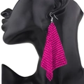 Magenta triangular metal sequin mesh earrings with tassel fringe on a black bust - Rose Red