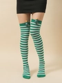Green and white striped over-knee socks with a 3D plush Christmas tree decoration - Green White Striped Socks with 3D Christmas Tree