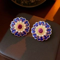 Vintage floral stud earrings with royal blue enamel, pearls, and pink crystals on gold metal - Silver Earring Post Vintage Enamel Rhinestone Pearl Flower Earrings