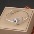 Verstellbares silbernes Evil-Eye-Armreif mit blauem Edelstein und weißen Zirkonia - Feder Auge Strahlend Stil(4#)