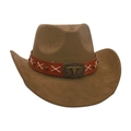 Vintage brauner Cowboyhut aus Wildleder mit Lederband und Stierschädel-Schnalle - Einheitsgröße / Armeegrün