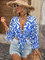 Camicetta bohémien da donna con stampa blu, laccetti, shorts in denim e cappello - S / Blu