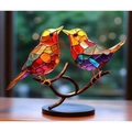 Colorful mosaic glass birds figurine on metal branch with a black round base - 2 Birds Ornament / Metal