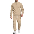 Men's khaki knit tracksuit featuring half-button collar top and matching drawstring pants - S / Khaki