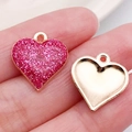 Pink glitter heart charm with golden metal base for DIY jewelry making and pendants - Pink Gold Glitter Heart (14323)