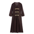 Elegant V-neck maxi dress in dark brown with gold sequin trim and long lantern sleeves - XS / Chestnut