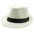 Detailed close-up of woven fedora texture with black ribbon on a summer sun hat - M (56-58cm) / Cream
