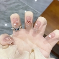 Short square press-on nails with white cloud and heart patterns on a nude base - R836 Sugar-filled Plum / Nail Glue Version