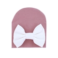 Pink knit baby beanie featuring a large white bow soft cotton fabric for infants - 0-6 Months / Taro and White