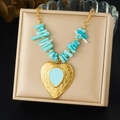 Irregular blue stone beaded chain necklace with a gold-plated carved heart pendant - Engraved Heart Blue Crushed Stone Style (N4020)