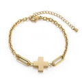 Golden stainless steel bracelet featuring a smooth cross pendant and oval link chain - Gold Cross Paperclip Style (KB151173-Z)