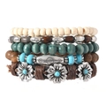 Bohemian multilayer wooden bead bracelet set with turquoise accents and flower charms - Flower Pendant Leather Stack (83)
