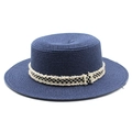 Détail du chapeau de paille marine avec ruban damier et bordure à franges - M (56-58cm) / Bleu Marine