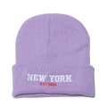 Detailed embroidery of New York text on a purple ribbed knit beanie hat fold - M(56-58cm) / Light Purple