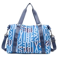 Blue travel duffel bag with red and white letter print, nylon fabric and adjustable strap - Sky Blue