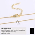 Detailed macro view of 18k gold plated copper box chain with lobster clasp and sizing specs - 1mm Box Chain / Gold (Style D)