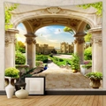 Detail of 3D European castle scenery tapestry showing fabric texture and vibrant colors - GT109909