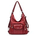 Burgundy soft faux leather shoulder bag with multi-zipper pockets and flap front - Burgundy