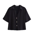 Detalle de camisa negra de crepé de manga corta con cuello de solapa y botones - XS / Top Negro