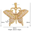 Macro detail of gold butterfly pendant with white zircon pavé wings and dimension specs - Light Grey L351526