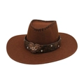 Brown wide brim western cowboy hat with rhinestone heart buckle and embossed leather band - One Size / Coffee (Large Heart)
