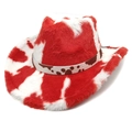 Detail of red and white cow print cowboy hat with plush texture and decorative band - Heart Top Red Cow Print