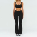 Completo yoga nero da donna con reggiseno sportivo e leggings a zampa con vita a V - Taglia S / Top E Pantaloni / Reggiseno + Pantaloni a Zampa / Nero