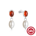 S925 sterling silver drop earrings with red oval gemstone and white teardrop pearl - 925 Silver / Ruby Red Platinum