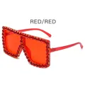 Oversized red square sunglasses with luxury red rhinestone trim and red tinted lenses - Red Frame Red Lens