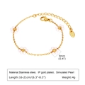 Detail showing gold plated stainless steel bracelet with white pearl flowers and size info - White Pearl Flower Bracelet (BR-1957G01)