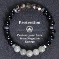 8mm Obsidian Moonlight Natural Stone Bracelet Protection with Lotus and Silver Accents - Obsidian Smoky Quartz Spotted Stone Style (Protection-1)