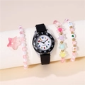 Pink quartz watch with colorful digits and three beaded bracelets for kids and students - Watch & Bracelet Set / Black + Bracelet