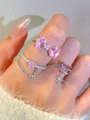 Three-piece silver ring set with pink heart zircons and bow tassel details - Pink Heart Ring Set of 3 (23) / Set of 3 / Pink