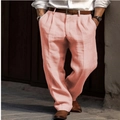 Men's pink linen straight pants in a breathable cotton blend for casual holiday style - Pink