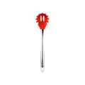 Red silicone pasta server with hollow stainless steel handle and hanging loop on white background - Spaghetti Server / Red