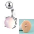 Polished silver navel ring with 14g steel bar and iridescent pink-white opal stone - 1.6x10x5x8mm / Transparent Gradient Pink