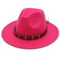 Fuchsia wool fedora hat with brown leather band and metallic shell ethnic accessories - Rose Red