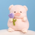 Pink plush pig doll sitting and holding a purple tulip flower on blue background - Purple Tulip Pig