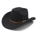 Classic black felt western cowboy hat with wide brim and brown leather band detail - M (56-58cm) / Black