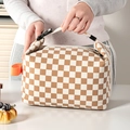 Brown and white checkered corduroy lunch bag with an orange side label and buckle - Coffee Plaid