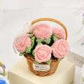 Handmade crochet pink roses in a woven basket with a soft cotton label and lace bow - 6 Pink Roses Basket