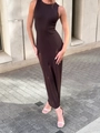Sleeveless slim fit brown knit maxi dress featuring distressed ripped hem design - S / Dark Coffee