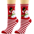 Detail of red Christmas crew socks featuring snowman pattern and red-white stripes - One Size / Striped Snowman