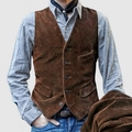 Detail of men's brown corduroy vest with button-down front and classic V-neck style - S / Tops / Brown