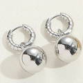 Silver beaded hoop earrings with a smooth metallic drop ball in a minimalist retro style - Silver Copper Ball Pendant Style